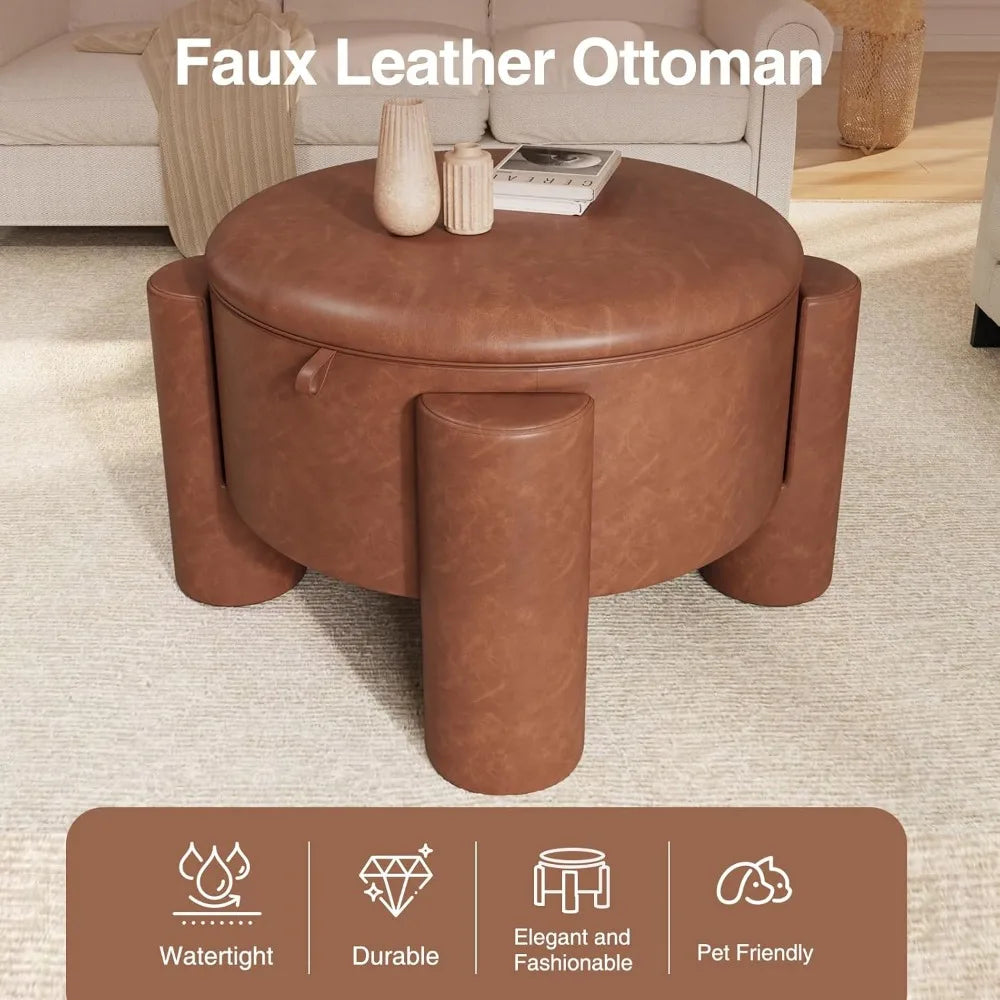 Storage Ottoman with Removable Top, 24" Round Coffee Table Ottoman & Upholstered Footrest, Faux Leather Ottoman for Small
