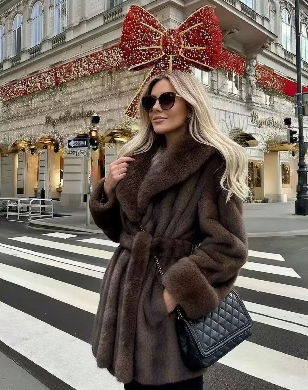 Faux Mink Fur Coat – Wrap Belted Lapel Collar – Mid Length – Brown | KIMLUD