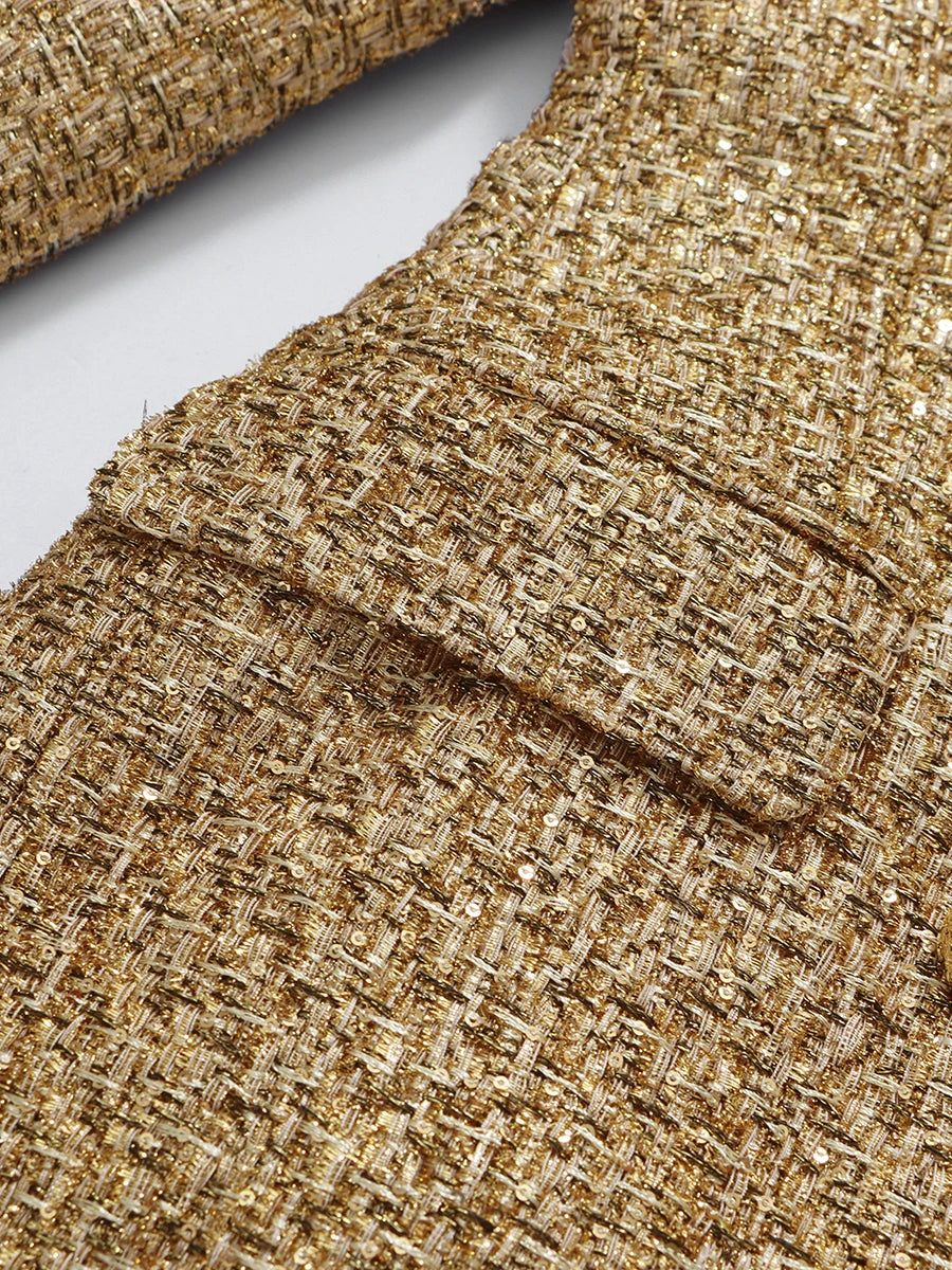 Polyester Blazer Slimming Spliced Double Breasted — Gold | KIMLUD