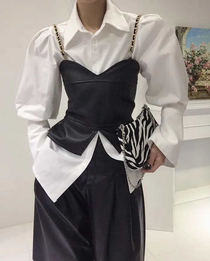 PU Leather Vest Two-Piece Shirt Set With Oversized Bubble Sleeves And Chain Detail — White | KIMLUD