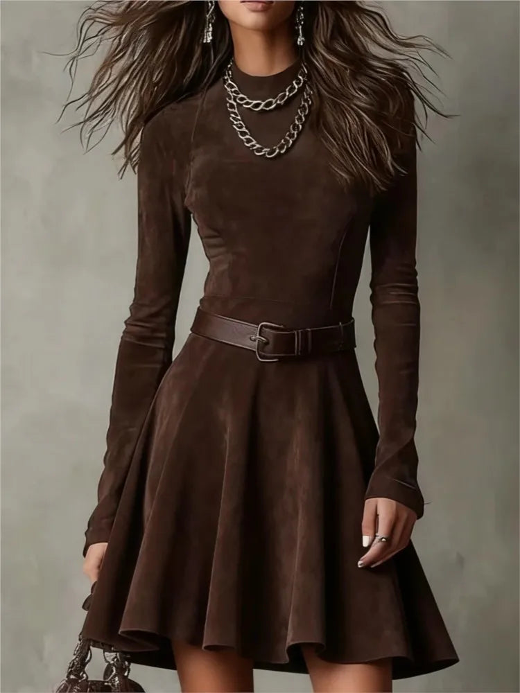 Fashionable O-neck Long-sleeved Mini Dress For Women Spring Autumn Solid Color Elegant Belted Retro Vintage Dresses Female
