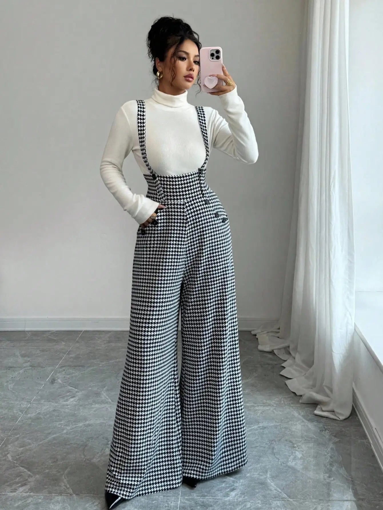 Wide-Leg Jumpsuit Vintage Suspender Silhouette — Black and White | KIMLUD