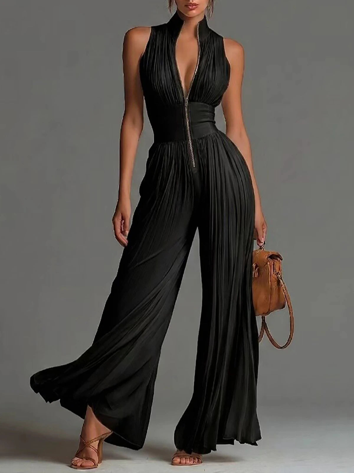Jumpsuit – Elegant Pleated Sleeveless – Wide Leg – POLYES | KIMLUD