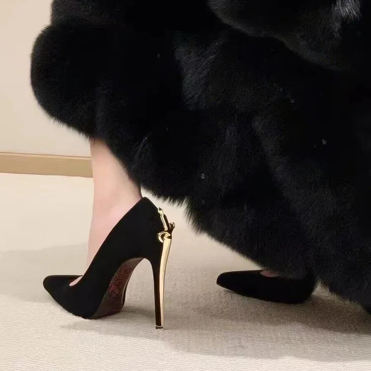 Patent PU Pumps Pointed-Toe Low-Heel Sculptural Gold-Tone Heel Accent With Glossy Patent Finish — Black | KIMLUD