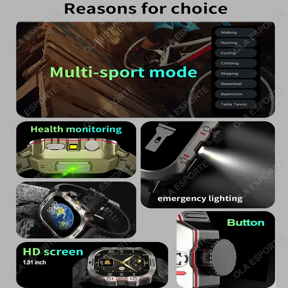 2025 Military Smartwatch GPS Men Flashlight Waterproof Outdoor Sport Tracker HD Bluetooth Calls Smart Watch New For Android IOS