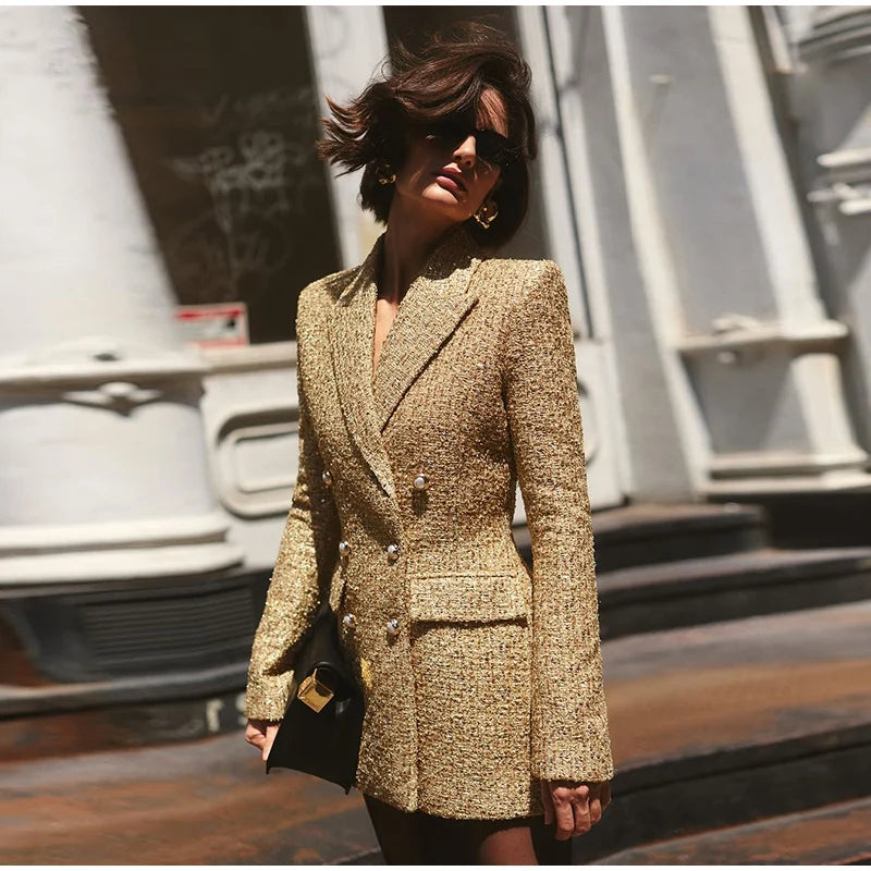 Elegant V-neck Sequin Blazer Women Double Breasted Full Sleeves Solid Slim Jackets Lady 2025 Autumn Formal Female Outwears New