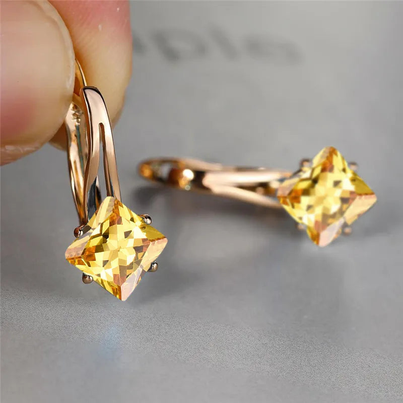 Rose Gold Hoop Earrings Square-Cut Cubic Zirconia — Rose Gold | KIMLUD