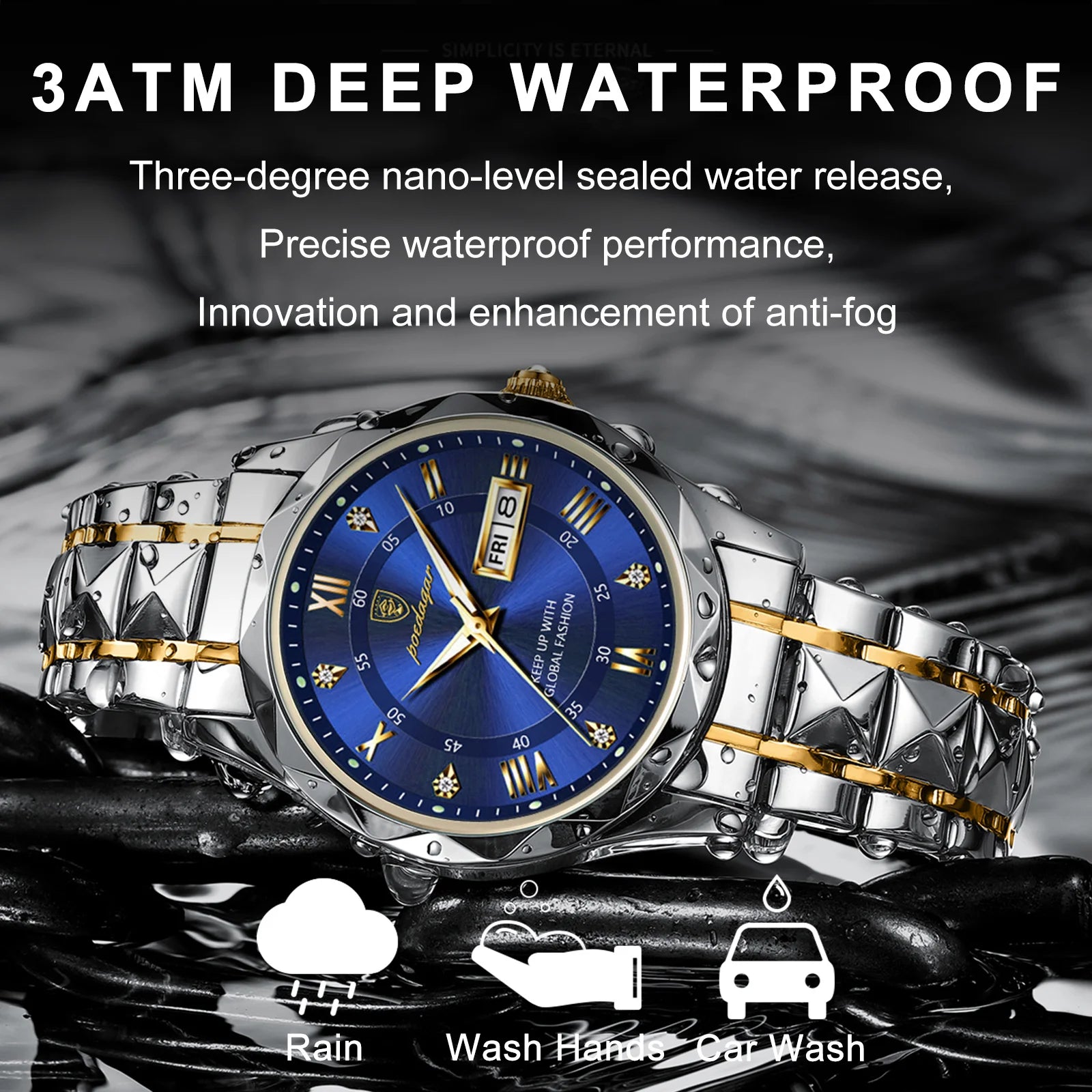 POEDAGAR Luxury Men's Watches Waterproof Luminous Date Week Watch For Man Stainless Steel Quartz Casual Men Wristwatch+Box Gift