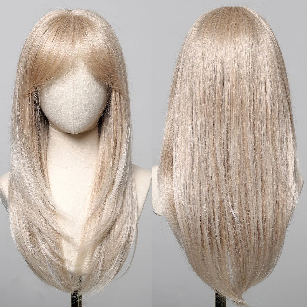 ALAN EATON Chestnut Brown Synthetic Wig with Bangs Long Straight Wig Natural Layered Hair Smooth Soft Daily Wig Heat Resistant