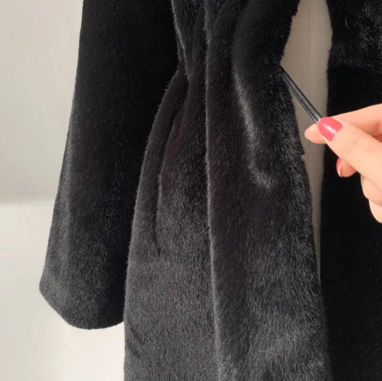 Lautaro Winter Long Black Luxury Elegant Stylish Thick Warm Fluffy Hairy Soft Faux Mink Fur Coat Women Stand Collar Sashes 2023