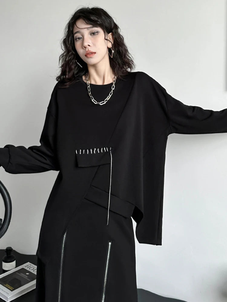 Sweatshirt - Topstitched Irregular Hem - Jersey - Black | KIMLUD