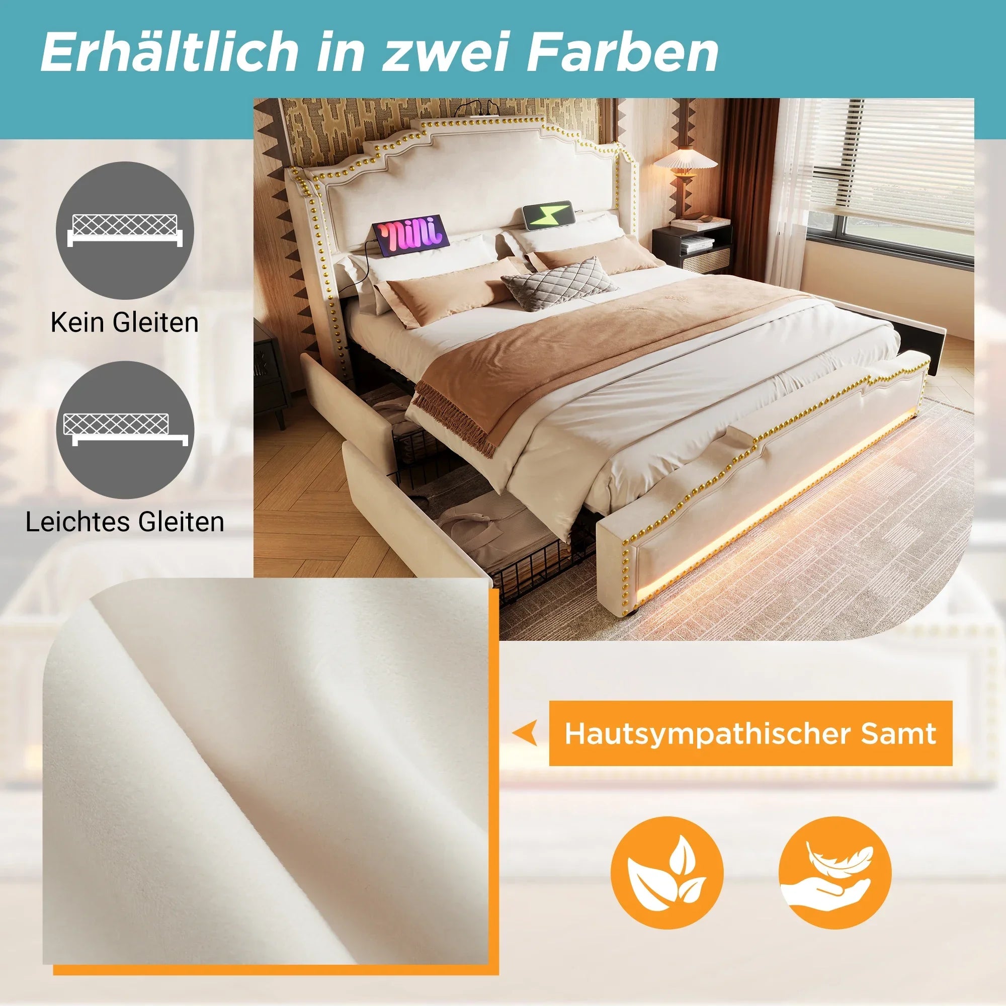 Velvet Upholstered Bed With 4 Drawers And Slatted Frame 140x200 — Beige | KIMLUD