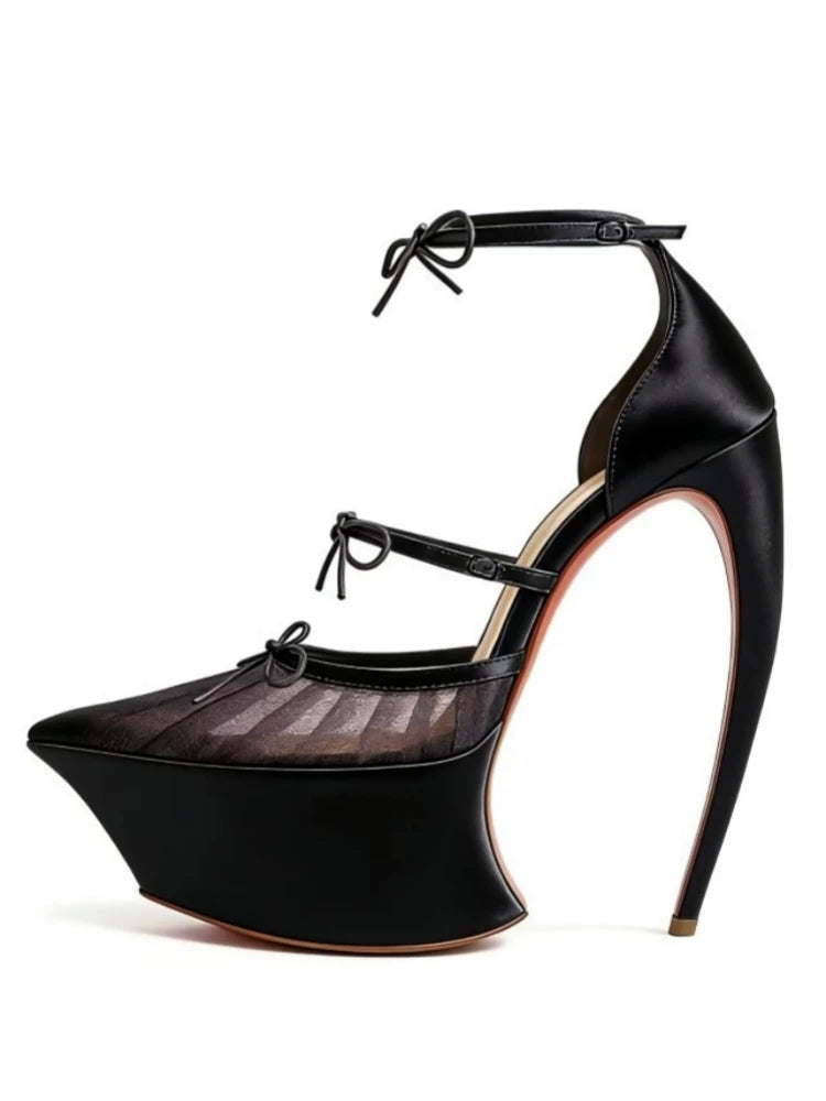 Butterfly-Knot Ankle Strap Pumps Platform — Black | KIMLUD