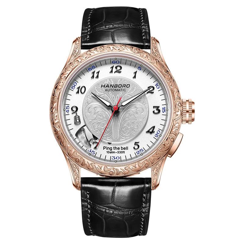 HANBORO Mechanical Alarm Watch Men Automatic Ping Bell Hourly Chime Luxury 100M Waterproof Sapphire Steel Business Unique
