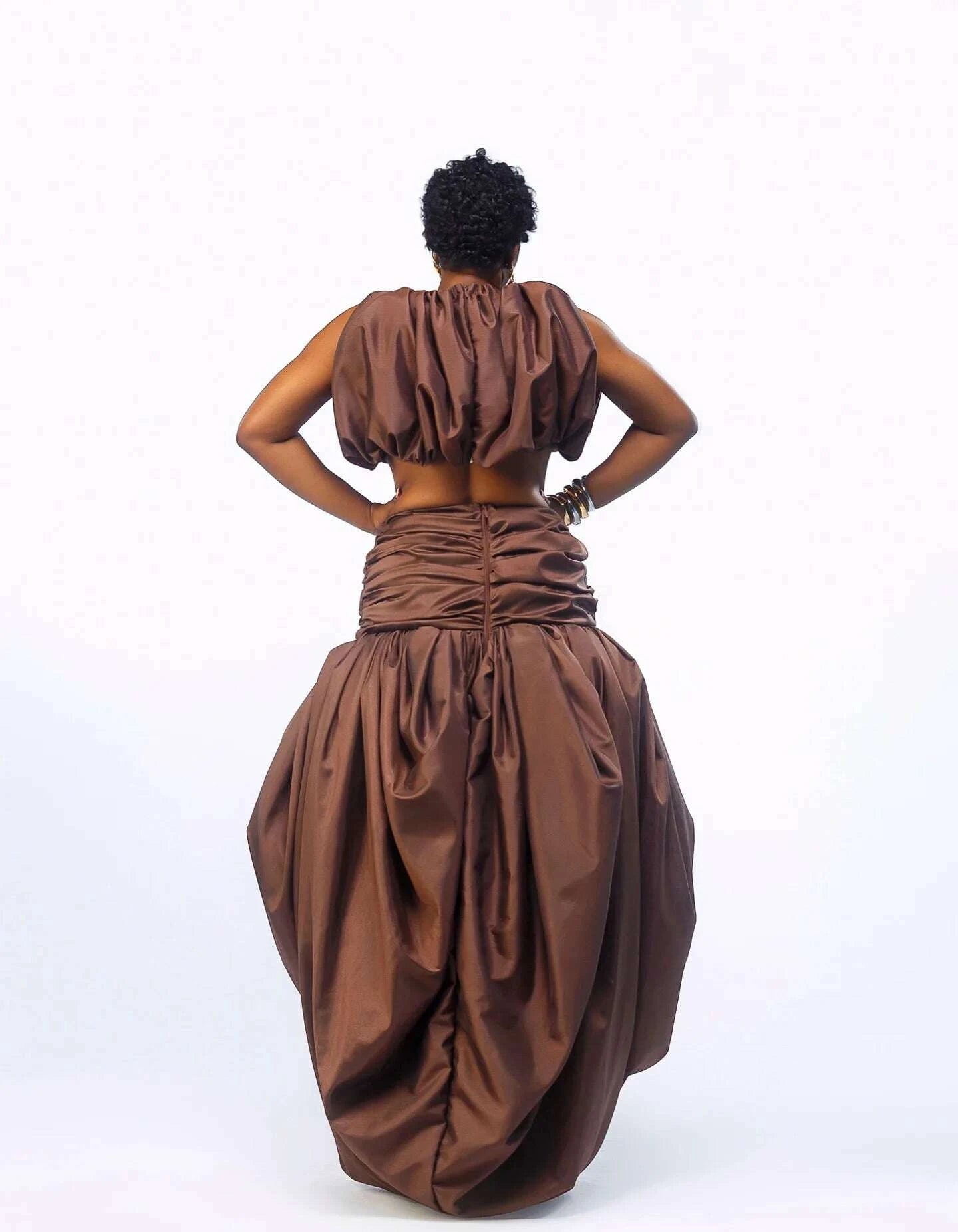 KIMLUD, Custom Brown High Low Skirt African Pleated Satin Evening Party Skirts Coco Ruffles Bubble Skirt Aso Ebi Style Birthday Skirt, KIMLUD Womens Clothes