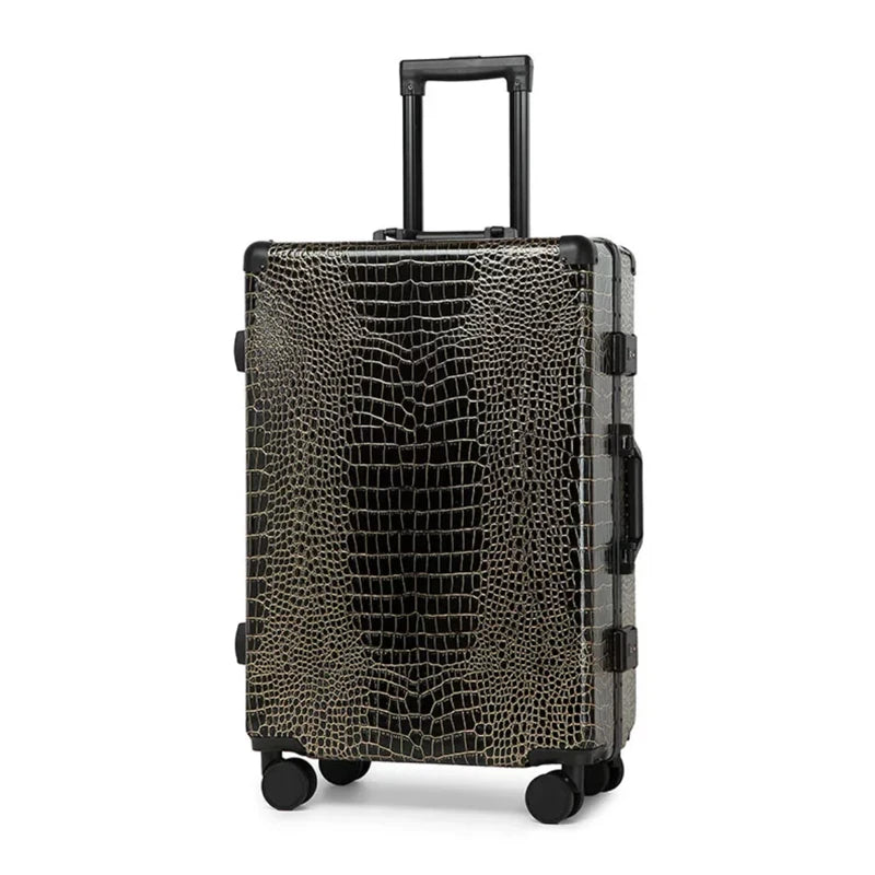 Aluminum Frame Crocodile Print Luggage Set — Black | KIMLUD