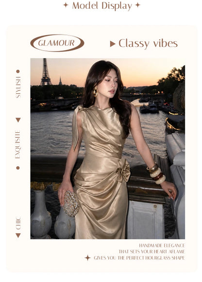 Evening Dress – One Shoulder Draped Ruched – Satin – Champagne | KIMLUD