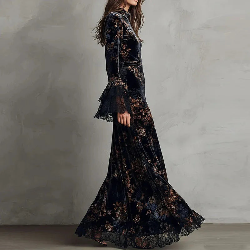 Velvet Floral Print Maxi Dress With O-Neck Empire Waist Long Sleeves — Black | KIMLUD