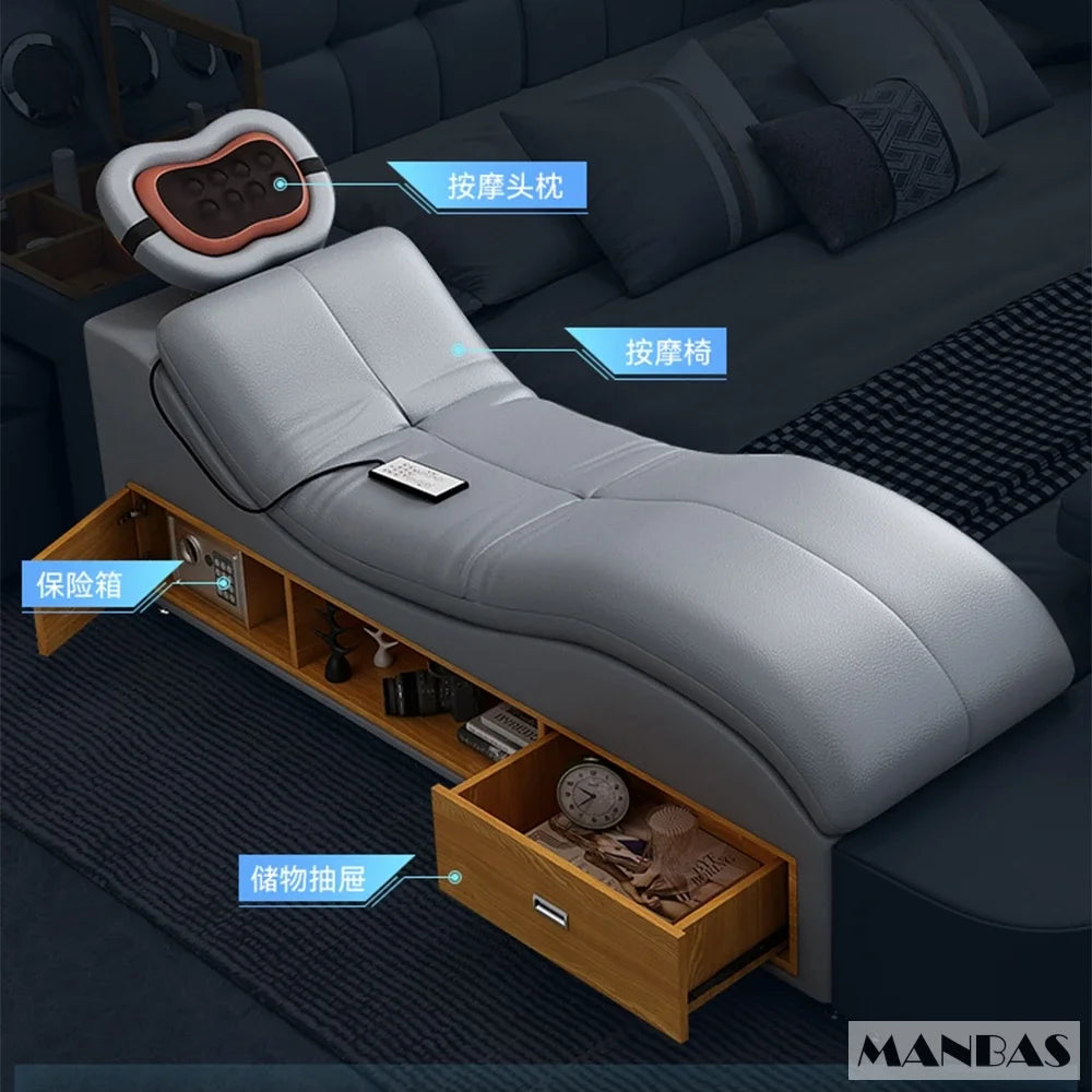Genuine Leather King Size Bed With Massage — Pink | KIMLUD