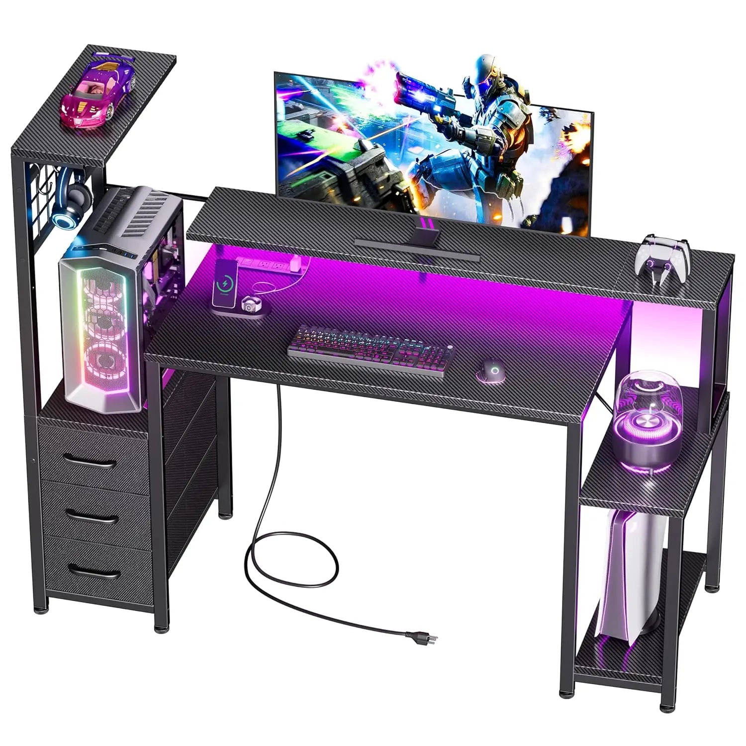 48 Inch Gaming Desk with LED Lights & Power Outlets,Computer Desk with Fabric Drawers & Side Hook,Reversible Gamer, Customized