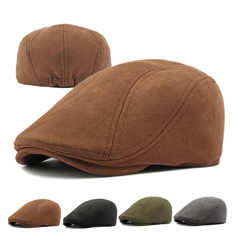 Suede Beret Herringbone Flat Cap Classic — Black | KIMLUD