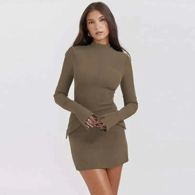 KIMLUD, Stylish Long Sleeve Half Turtleneck Dress Women Casual Autumn Spring Solid Sweet Hip Package Skirts for Female New Party Dresses, Khaki / S, KIMLUD Womens Clothes