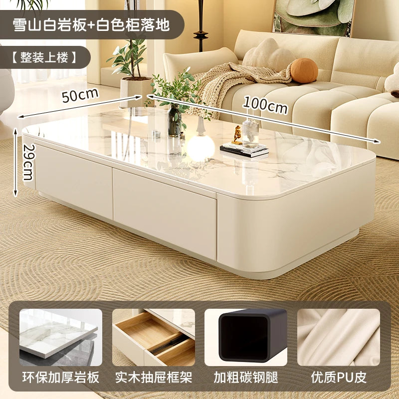 Rock-Slab Coffee Table With Wooden Frame — White | KIMLUD