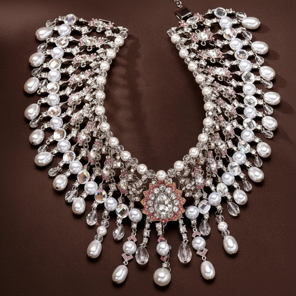 A highly detailed statement bib necklace featuring white freshwater pearls, clear teardrop crystals, and a central floral cluster with pink rhinestones on a silver-tone setting, displayed on a dark brown textured background.