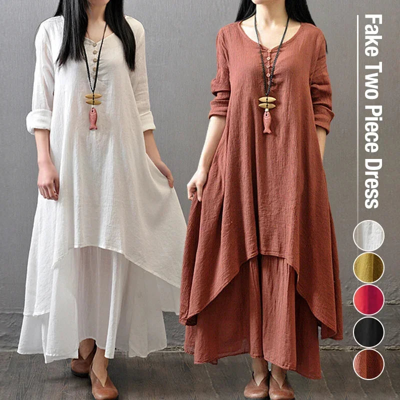 Linen-Blend Maxi Dress Relaxed Long-Sleeve Swing — Ivory | KIMLUD