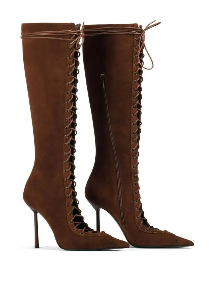 Mesh Leopard Cross Tie Knee-High Boots — Gray | KIMLUD