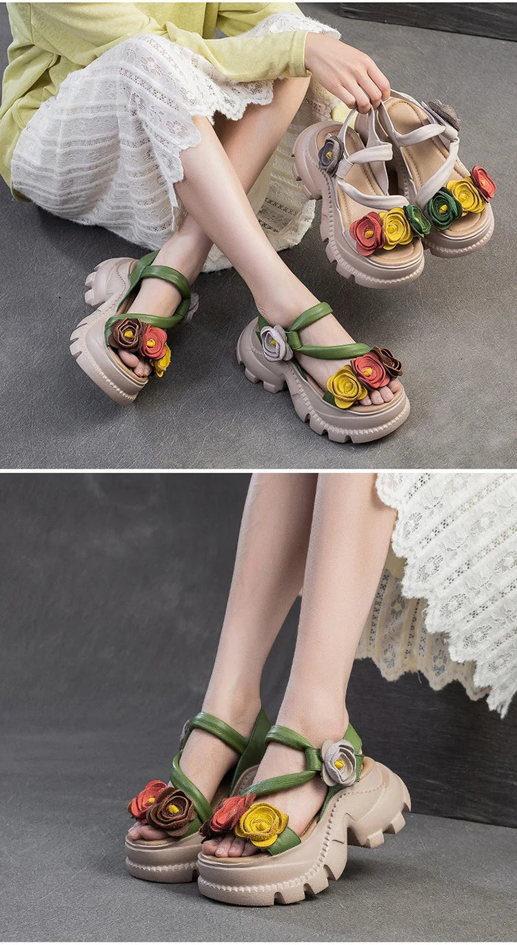 Koznoy 7cm Cow Genuine Leather Platform Wedge Women Summer Flower Slippers Pumps Hook Hollow Mary Jane Sandals Shoes Flats