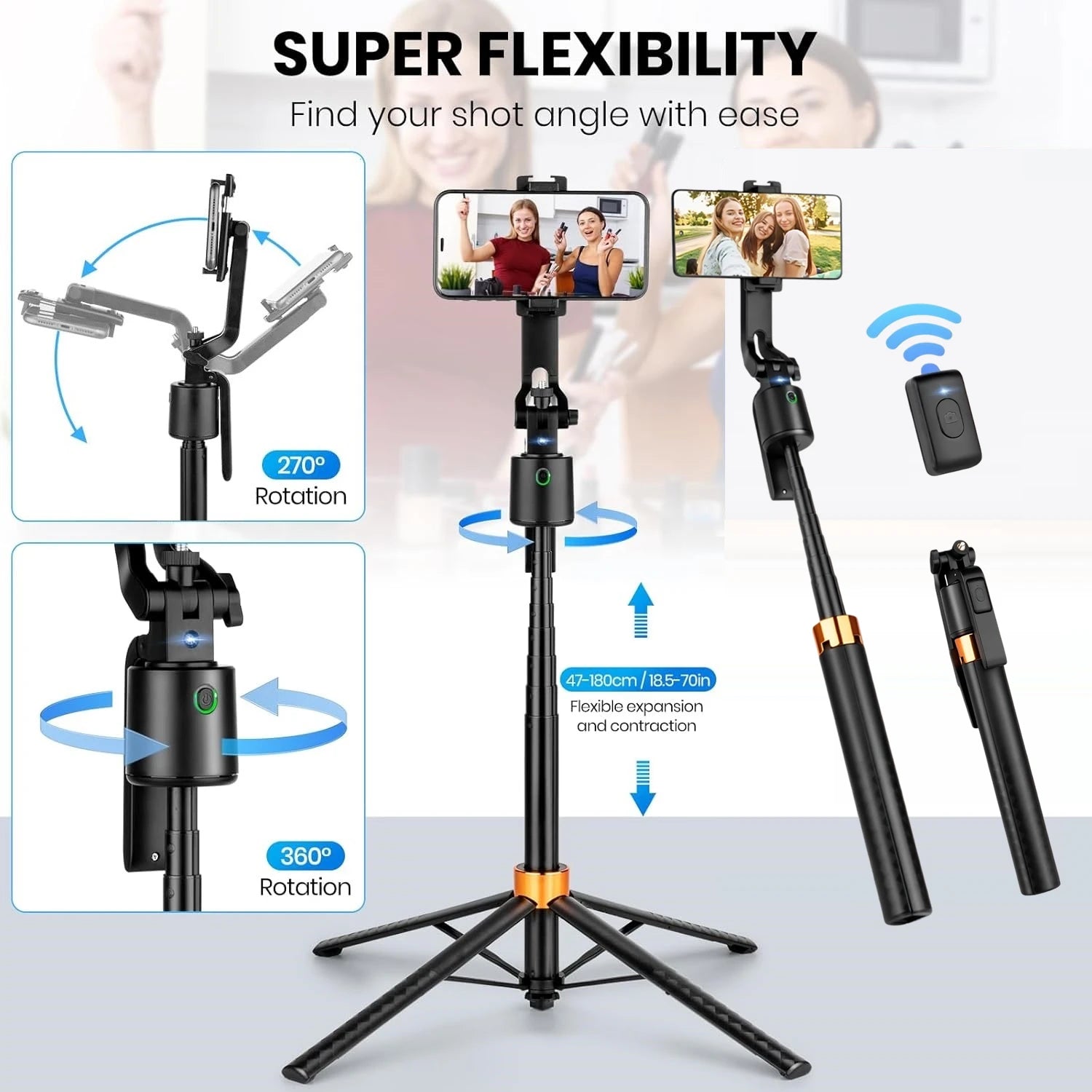 1.8m/71in AI Smart Gimbal Tripod Selfie Stick Foldable 360° Auto Follow-Up Face Tracking Gimbal Phone Holder For iPhone Android