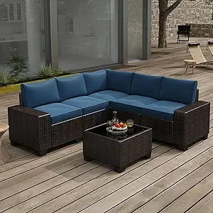 Wicker Patio Set 6-Piece With Wide Armrests — Navy | KIMLUD