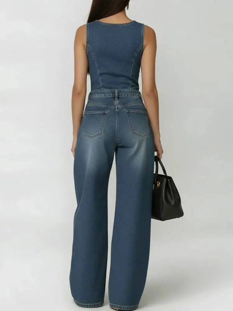 Denim Jumpsuit Eyelet Wide-Leg Pockets — Denim Blue | KIMLUD