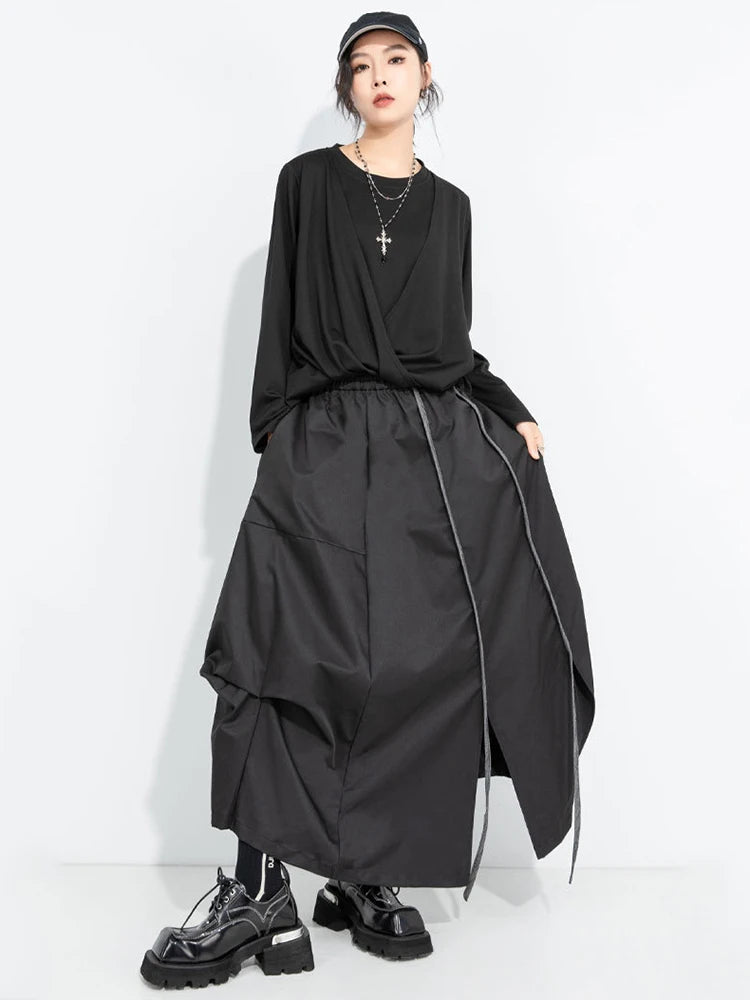 A-Line Skirt – High Elastic Waist – Polyester Cotton – Black | KIMLUD