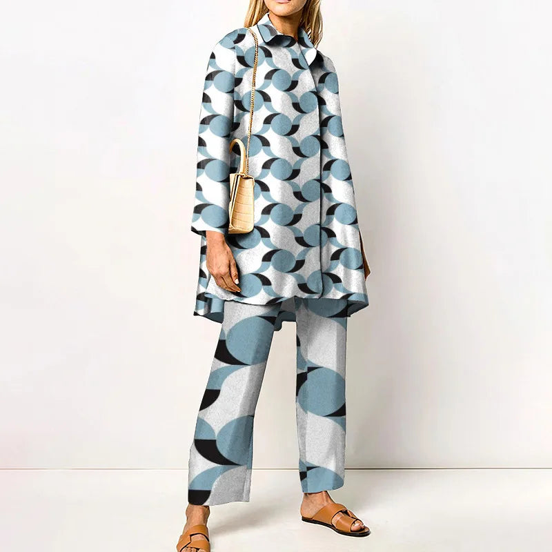 Two-Piece Set – Printed Autumn Vintage – Broadcloth – Wide-Leg Pants | KIMLUD