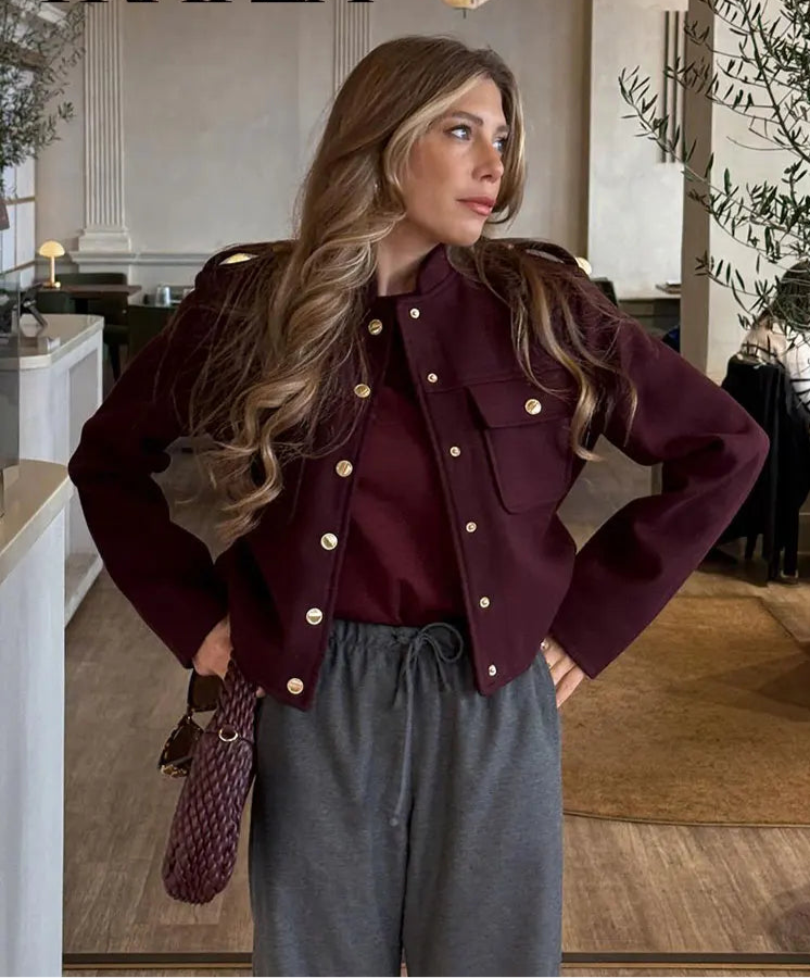 KIMLUD, TRAFZA Women Vintage Wine Red Coat O Neck Long Sleeve Single Breasted Jacket With Pockets Autumn Casual Office Lady Outerwear, KIMLUD Womens Clothes