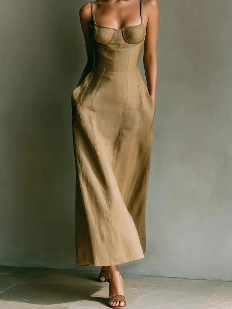 Spaghetti Strap Patchwork Maxi Dress — Black | KIMLUD
