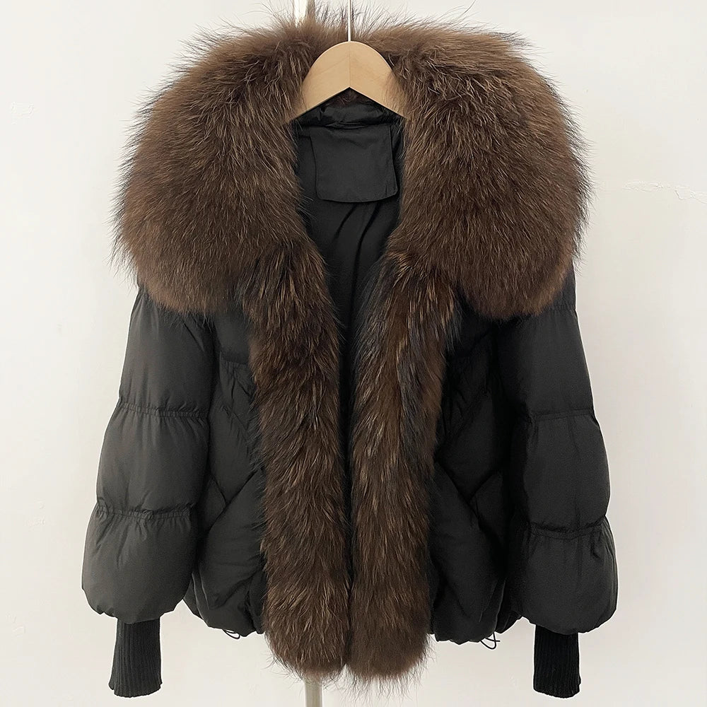 OFTBUY Large Real Raccoon Fur Jacket Knit Sleeve Real Fur New Winter Puffer Jacket Women White Duck Down Coat Oversized Feather