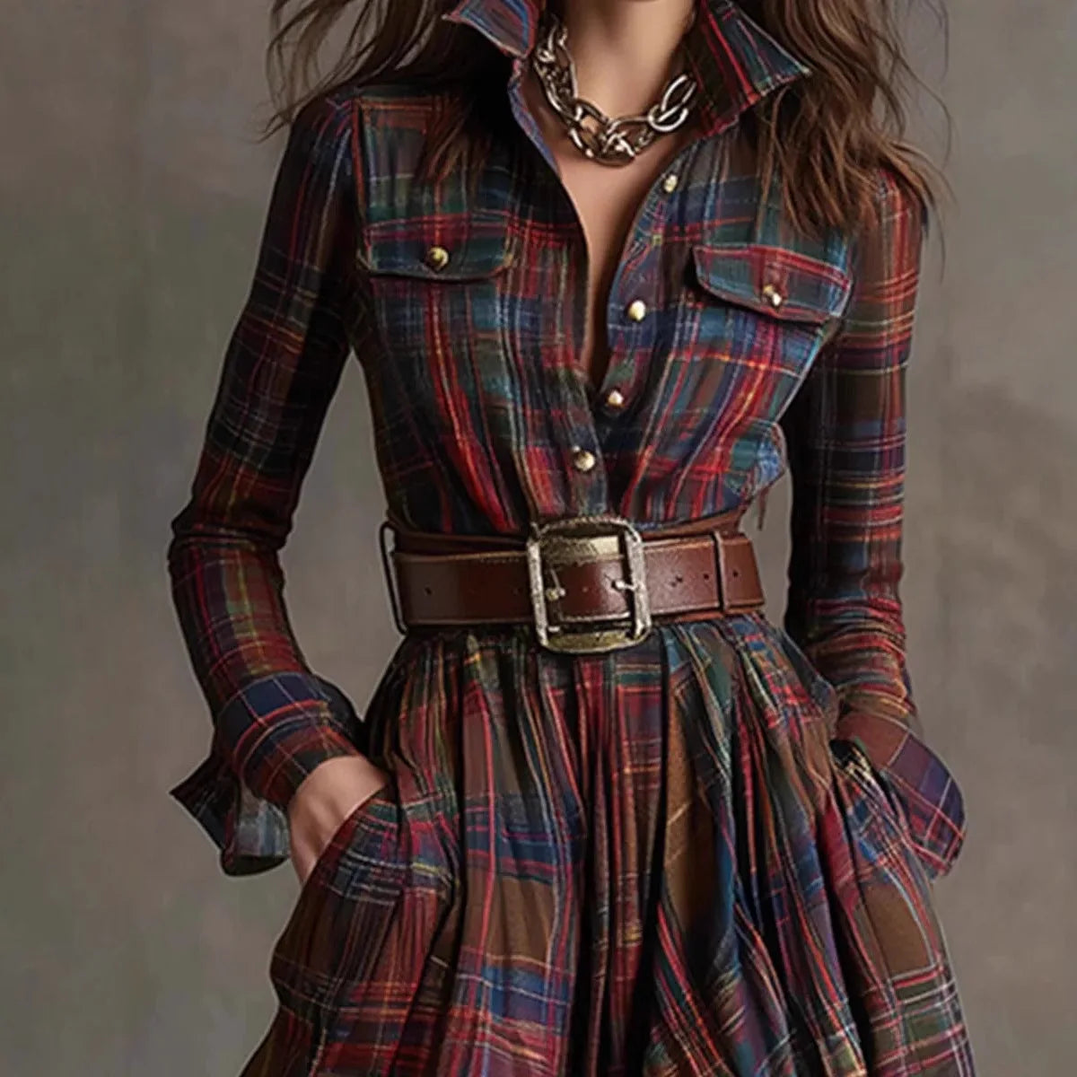 Maxi Dress – Plaid Print – Long Sleeve – Button Pocket – Polyester | KIMLUD