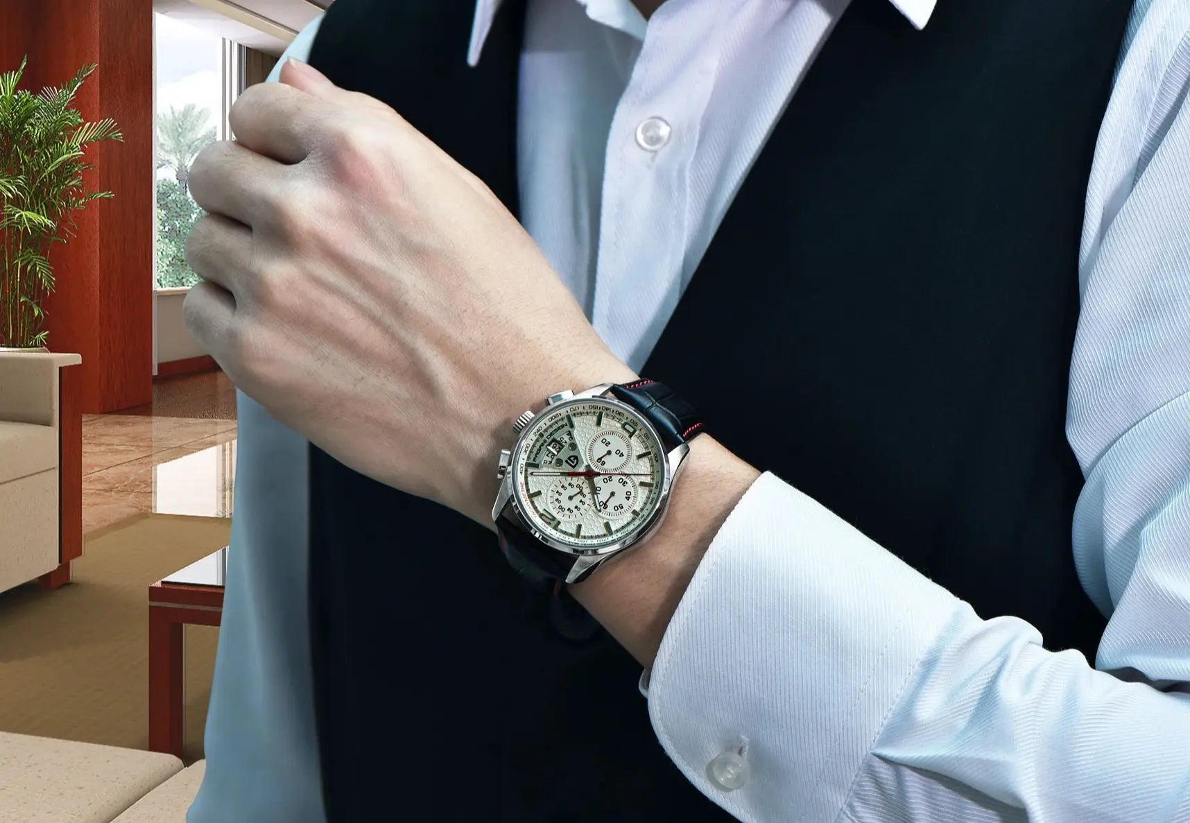 Leather Chronograph Honeycomb Dial Watch — White | KIMLUD