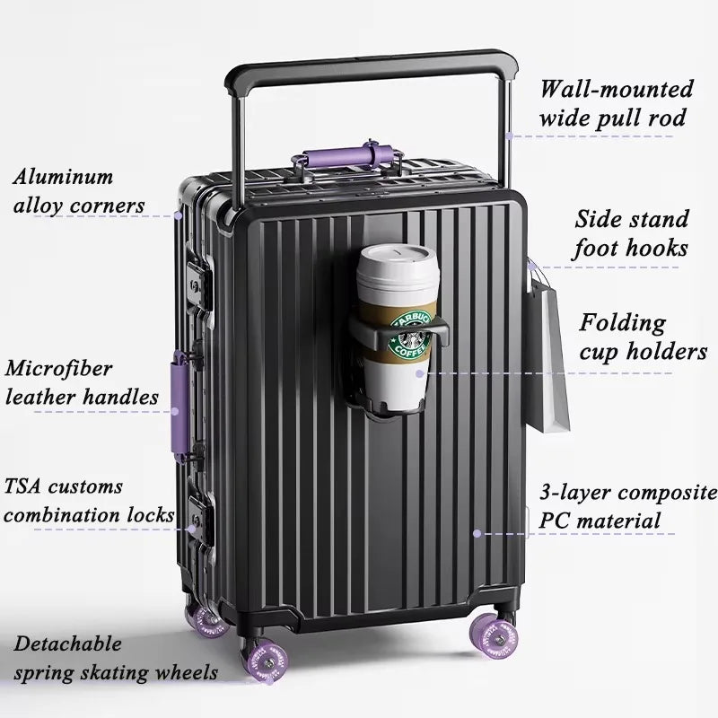 Wide Handlebar Travel Balance Trolley Suitcase with Colorful Silent Wheels TSA Lock Rolling Luggage Large Capacity PC Material