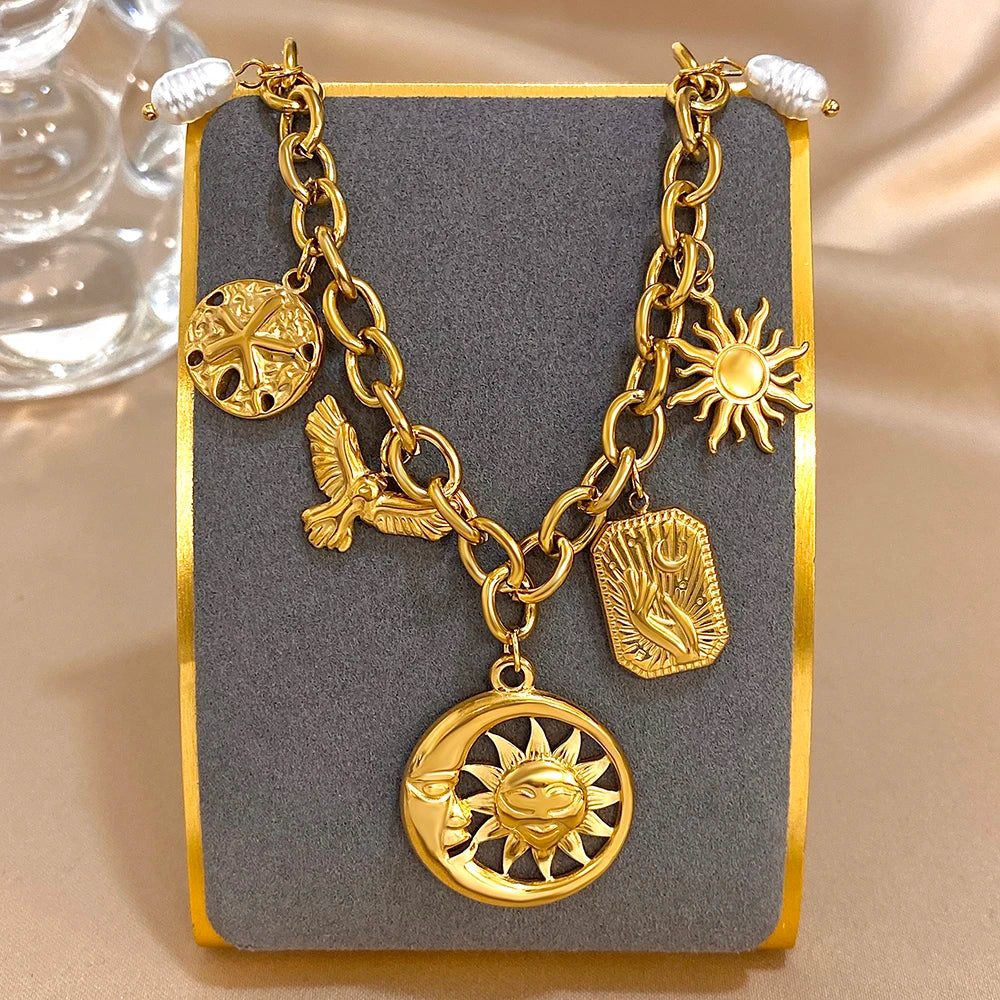 Necklace – Sun Moon Multi Accessory – Stainless Steel – Gold | KIMLUD