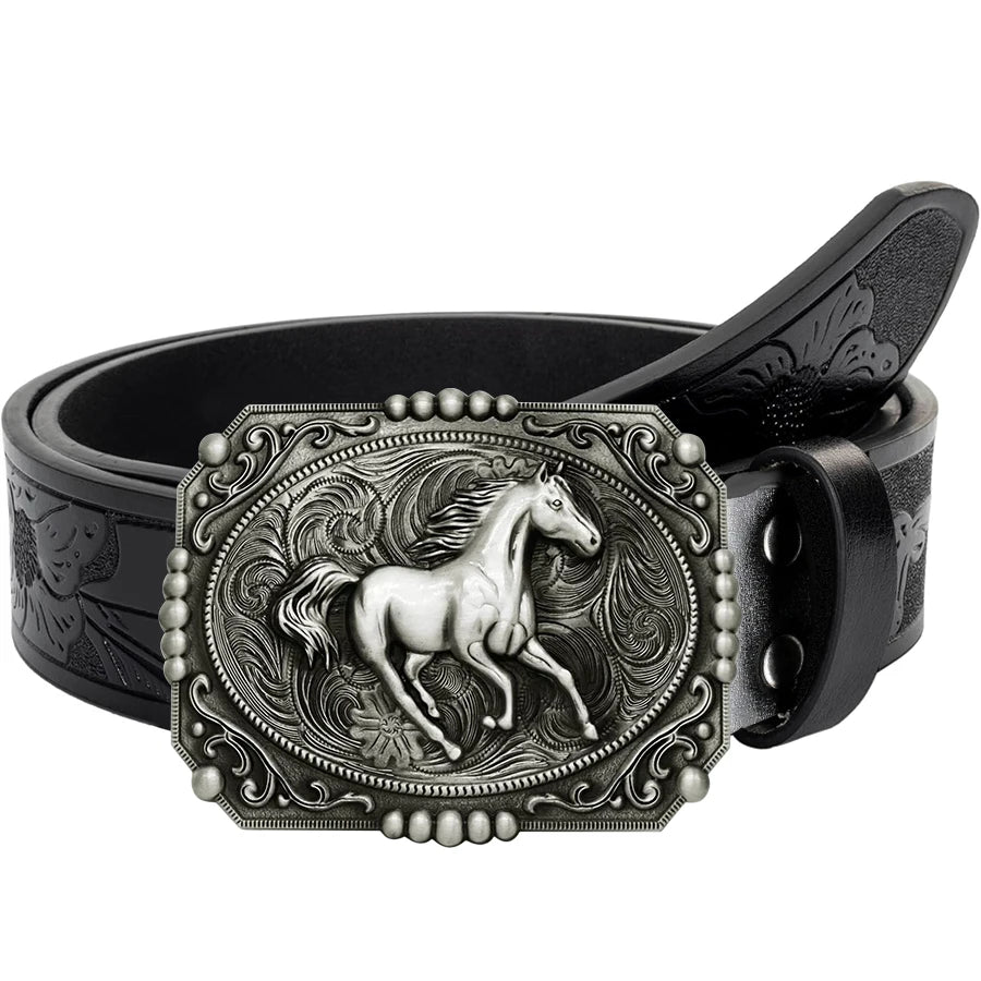 1pc men's Western style belt, wild horse, carved floral patterns and long horn decorations, retro style, great Valentine's Day g