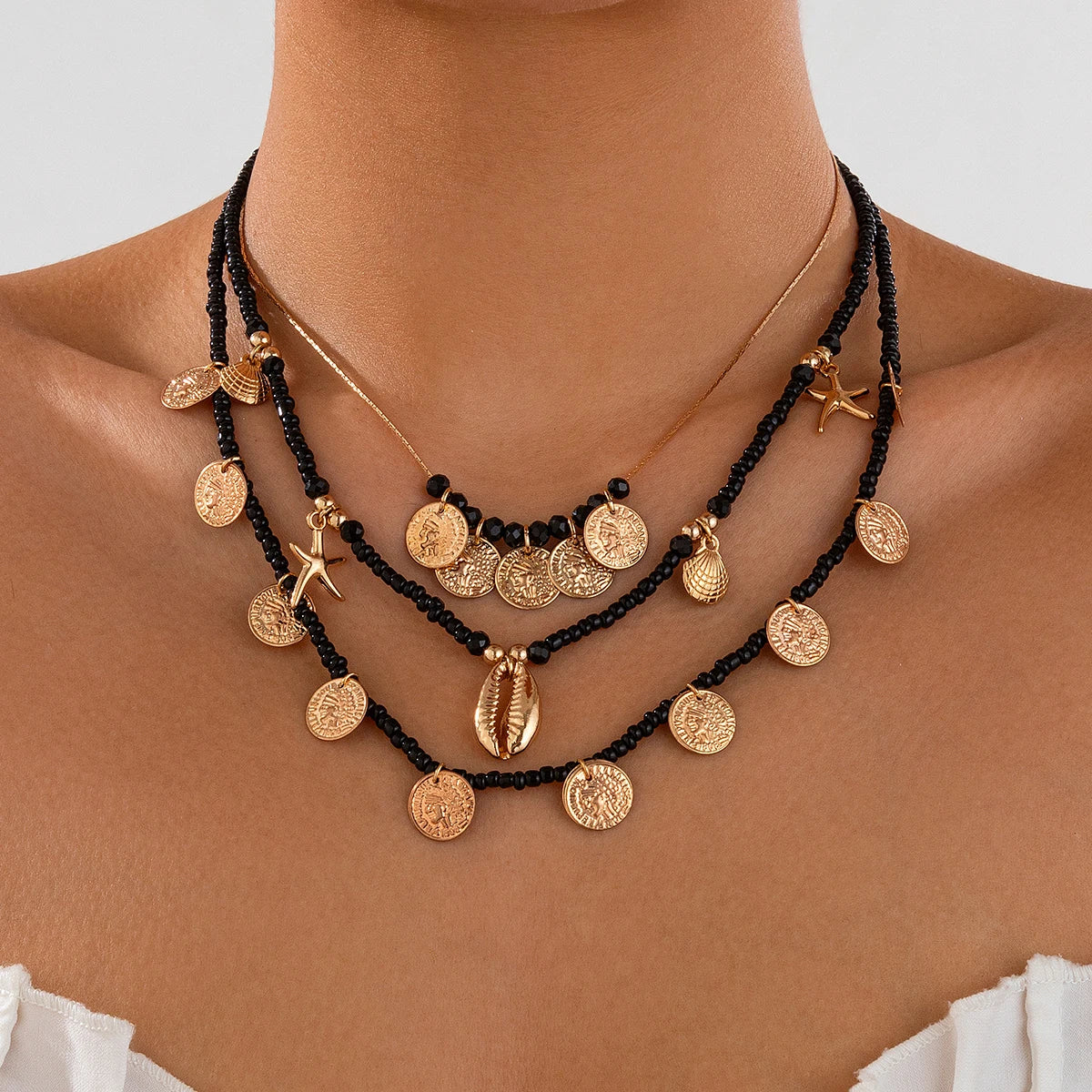 Ingemark 3Pcs/Set Boho Black Seed Beads Chain Necklace for Women Goth Starfish Conch Coin Pendant Choker Y2K Neck Jewelry Gift