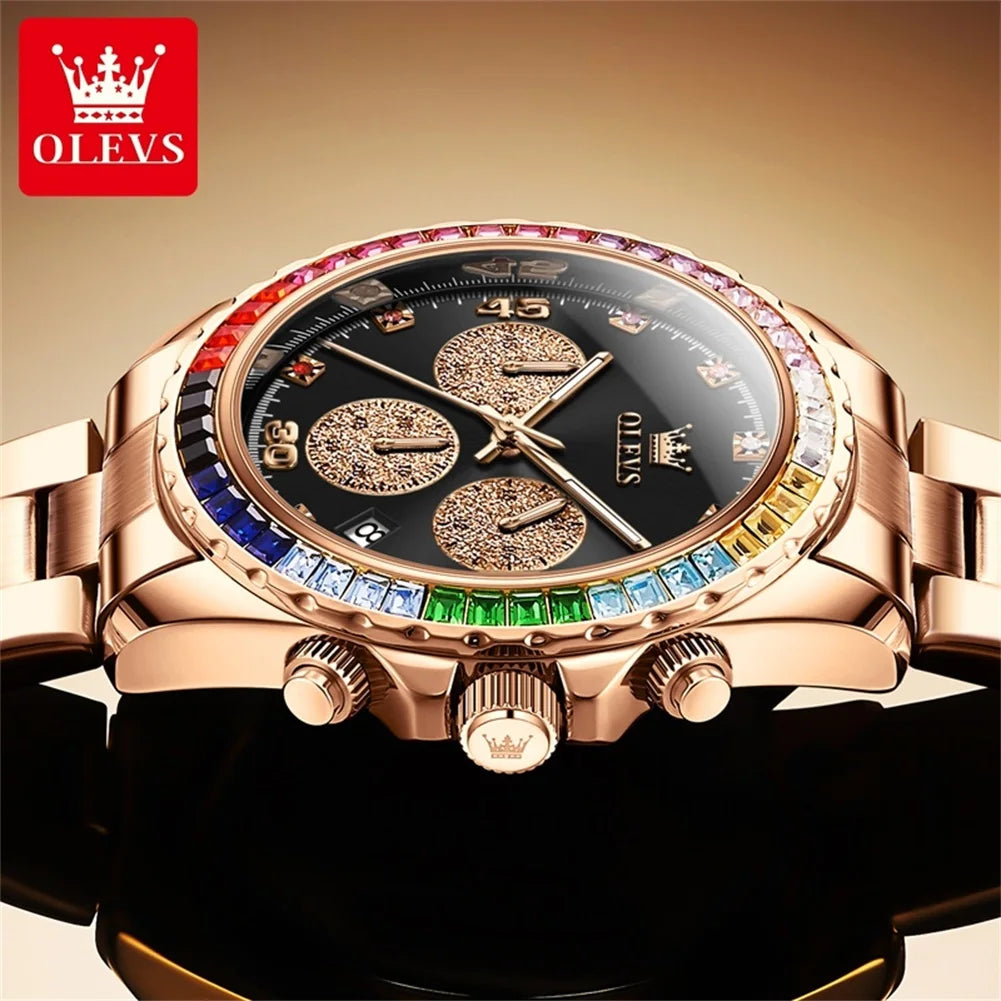 Stainless Steel Watch Rainbow Gemstone Bezel — Rose Gold | KIMLUD
