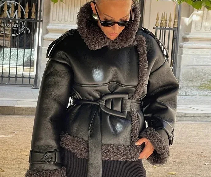 Faux Fur Leather Long Jacket Women Lapel Long Sleeve Belt Thicken Female Coats Winter Fashion Street Patchwork Lady Outwear