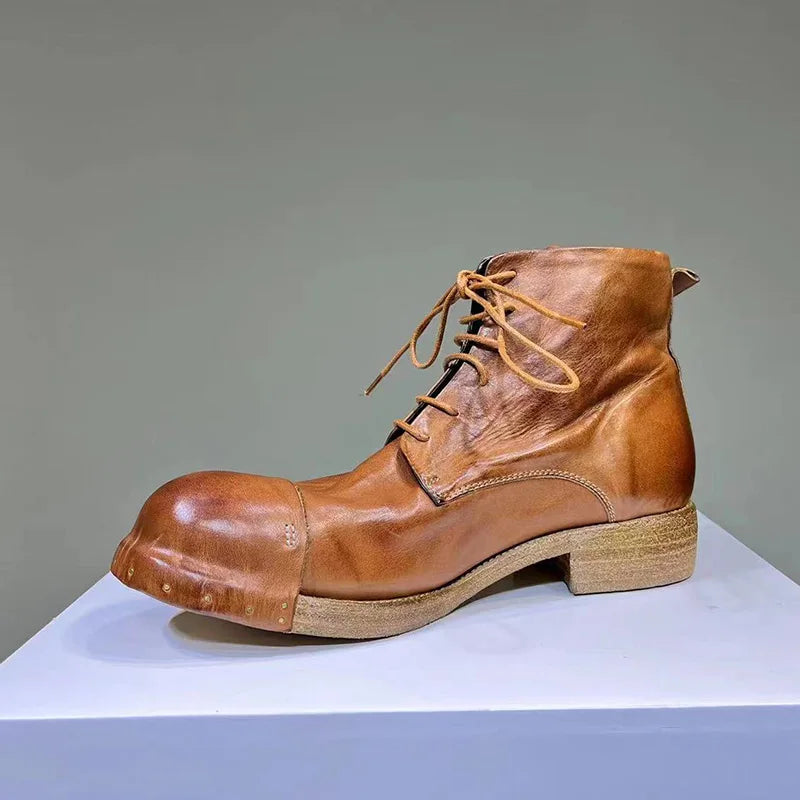 Men's Horse Leather Vintage Wash Water Old Leather Boots Handmade Goodyear- Men's Short Boots Lace Up Round Head Men
