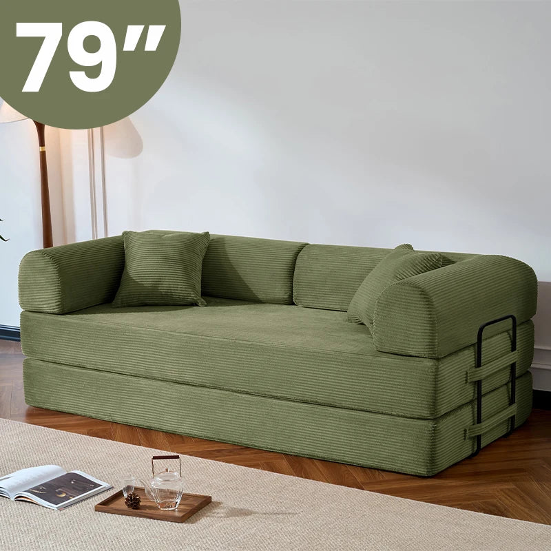 Corduroy Folding Convertible Sofa Bed — Olive | KIMLUD