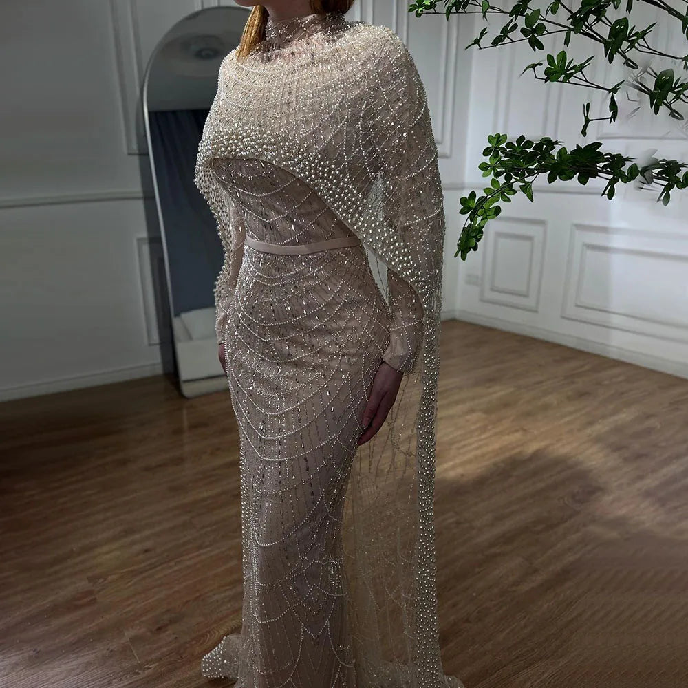 Beaded Gown With Mermaid Cape — Dubai Nude | KIMLUD